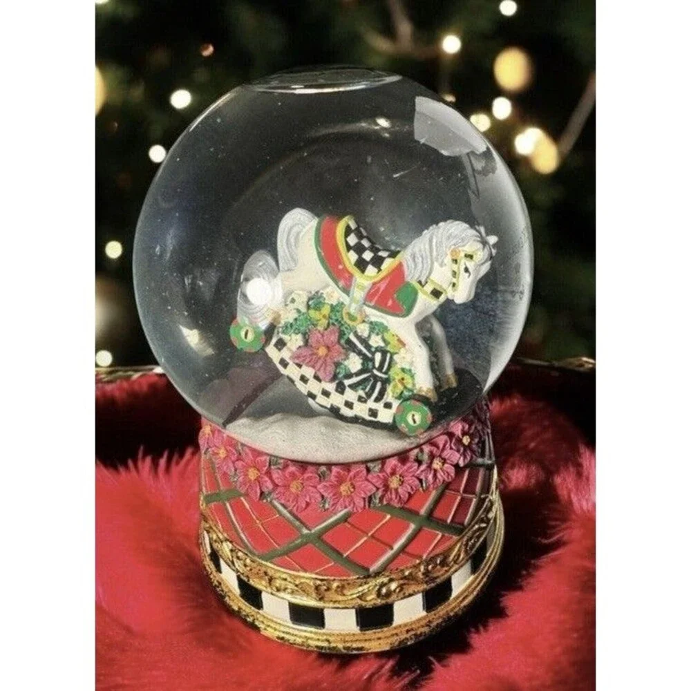McKenzie Childs Designer Glitter Floral Carousel Horse Snowglobe Music Box Works